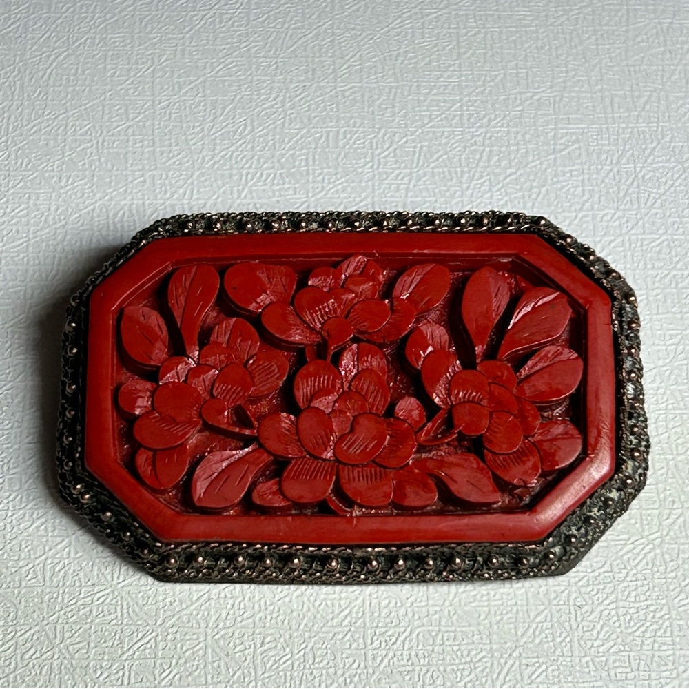 Antique Vintage Cinnabar Carved Flowers  Brooch Pin Signed Chinese Export 1920’s